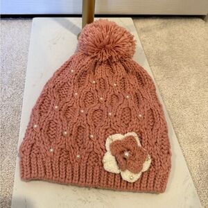 Pink Flower Pearl Knit Beanie
